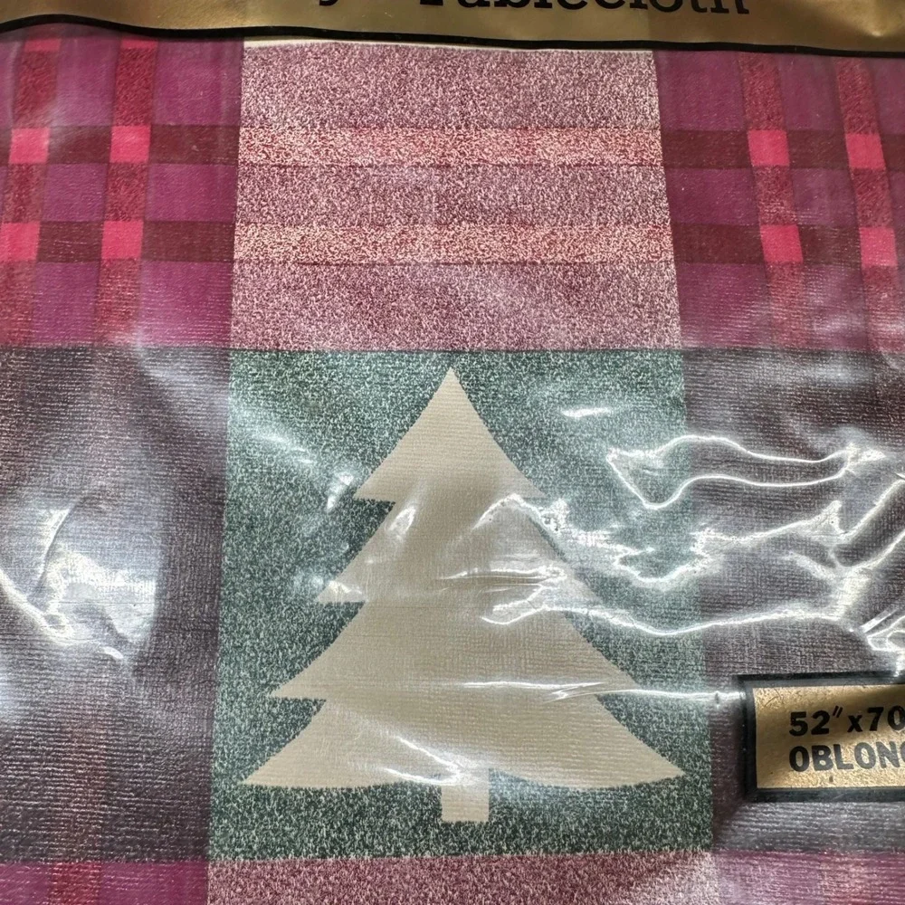 Family Home Holiday Tablecloth 52x70 Oblong Vinyl Christmas Tree Plaid Burgundy